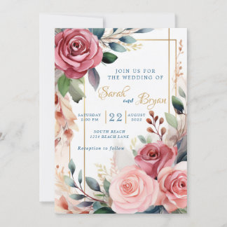 Rozen Roze Bloemen Greenery Boho Huwelijksuitnodig Kaart