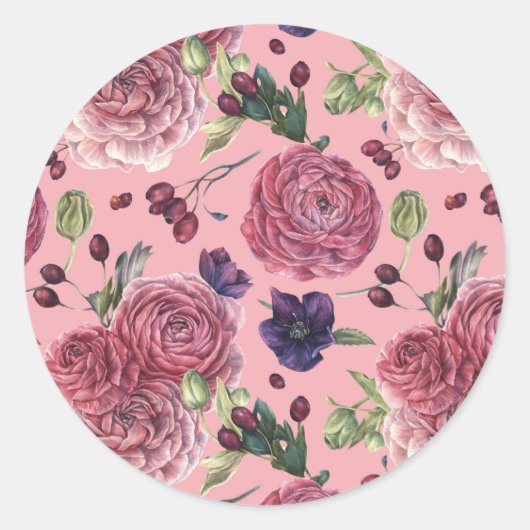 Rozen roze droompatroon ronde sticker (Voorkant)