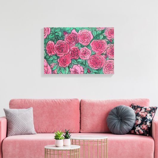 Rozen, Rozen bloemen, tuinbouwschets Canvas Afdruk (Insitu (Woonkamer))