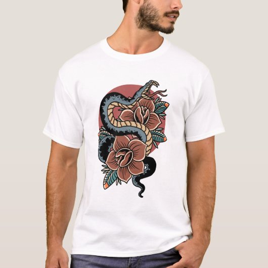 Rozen Snake oude-stijl tattoo ontwerp T-shirt (Voorkant)