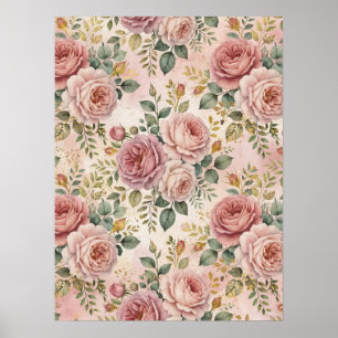 Rozen Stof Roze Elegante Charme Salie Groen Goud Poster