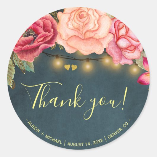 Rozen string lichten krijtbord dank u bruiloft ronde sticker (Voorkant)