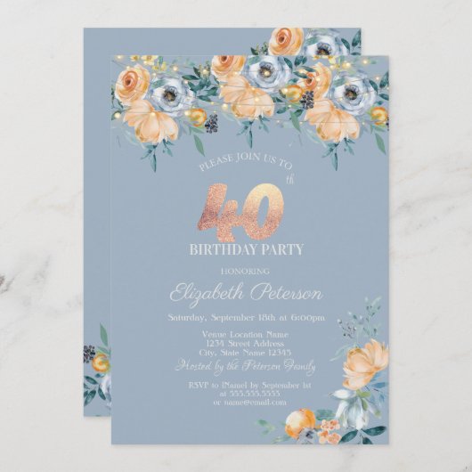 Rozen String Lights Dusty Blue 40th Verjaardag Kaart (Voorkant / Achterkant)