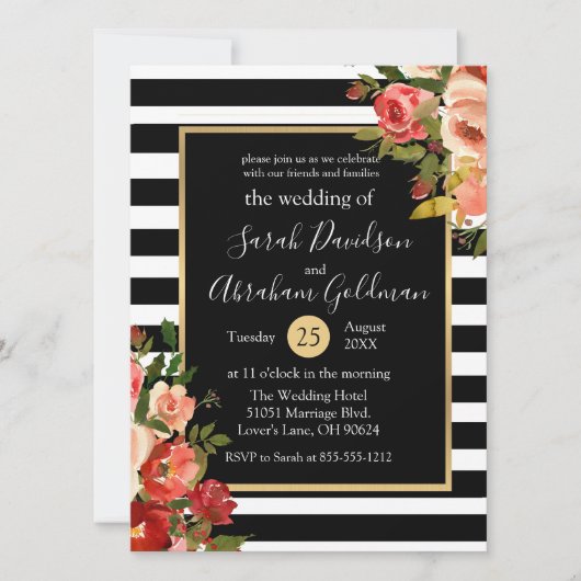 Rozen van Black and White Stripes Flowers Wedding Kaart (Voorkant)