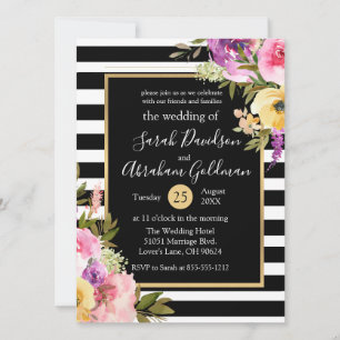 Rozen van Black and White Stripes Flowers Wedding Kaart