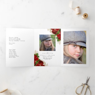  Rozen van Burgundy Red en Gold Quinceañera Tr Drieluik Uitnodiging