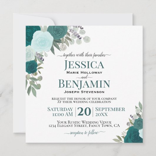 Rozen van de blauwgroen of Turkooise Waterverf Ele Kaart (Voorkant)