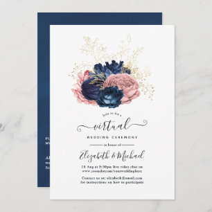  Rozen van Navy en Blush Pink Virtual Wedding Kaart