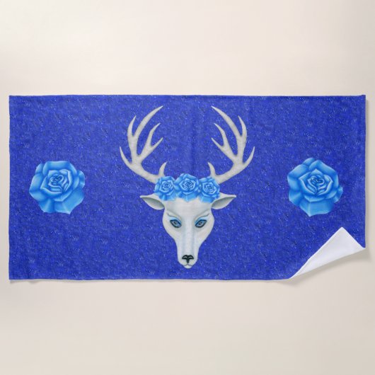 Rozen van White Deer Head Antlers over Blue Strandlaken (Voorkant)