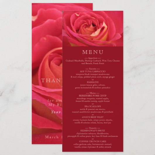 Rozen Verjaardagsfeest Menu Kaart (Voorkant / Achterkant)