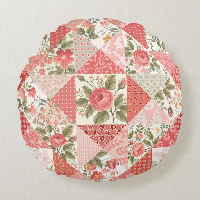Rozen Vlinders Naadloze Patchwork Rond Kussen (Voorkant)