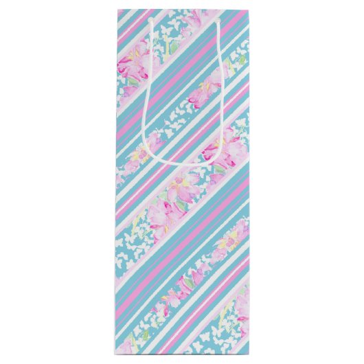 Rozen Vlinders Roze Blauwe Strepen Wijngeschenkzak Wijn Cadeautas (Voorkant)