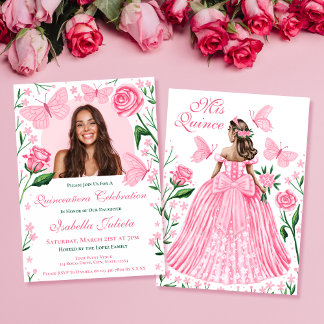 Rozen + Vlinders Roze Quinceanera Foto Invita Kaart