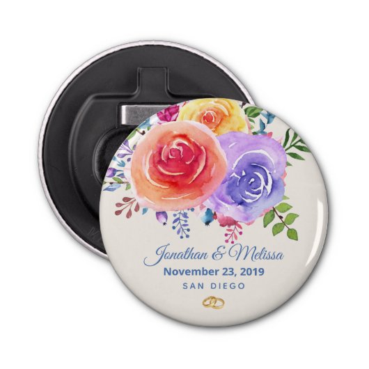 Rozen Waterverf Floral Wedding Button Flesopener (Voorkant)
