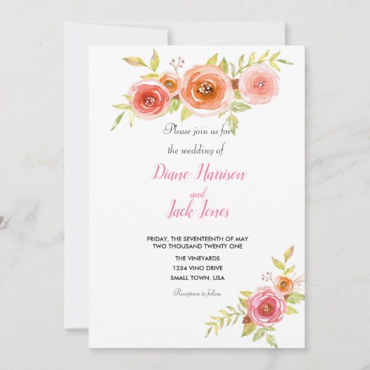 Rozen Waterverf Floral Wedding Kaart (Voorkant)