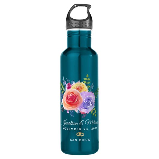 Rozen Waterverf Floral Wedding Waterfles (Voorkant)