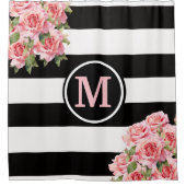 Rozen zwart en wit gestreept monogram douchegordijn (Voorkant)