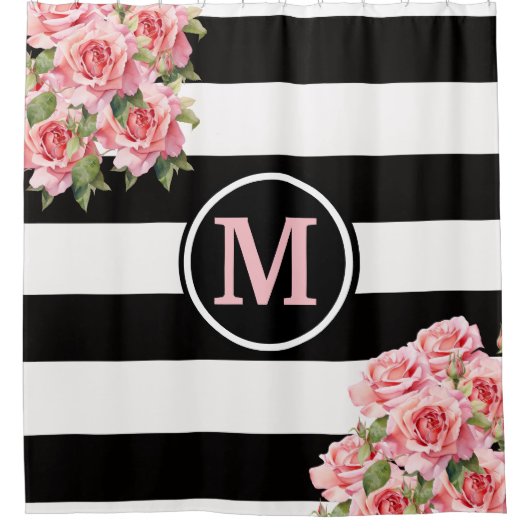 Rozen zwart en wit gestreept monogram douchegordijn (Voorkant)