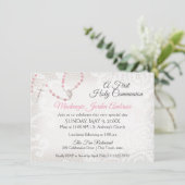 Rozenkrans en kant eerste communie roze kaart (Staand voorkant)