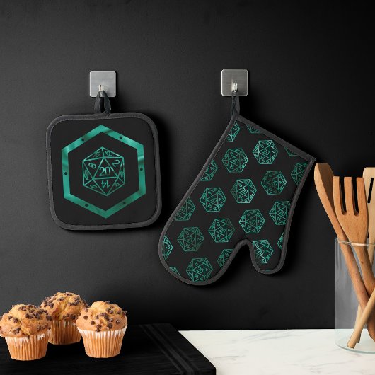 RPG Dice | Emerald Fantasy tafelblad Retro Gamer Ovenwant & Pannenlap Set