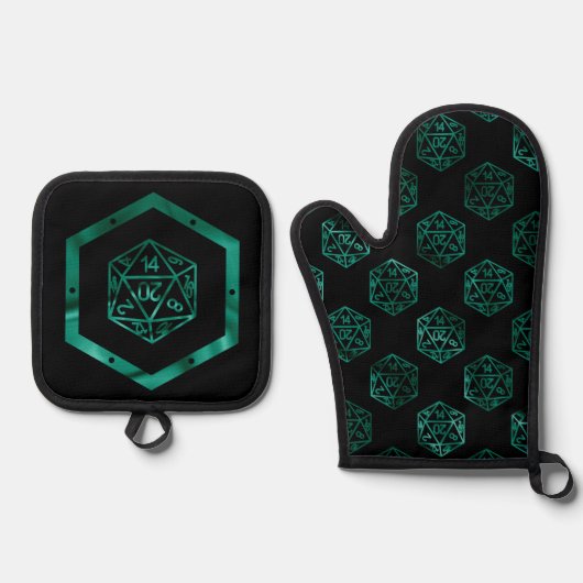 RPG Dice | Emerald Fantasy tafelblad Retro Gamer Ovenwant & Pannenlap Set (Voorkant)