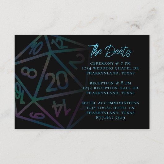 RPG Dice | Holo Fantasy Tafelblad Gastgegevens Informatiekaartje (Voorkant)