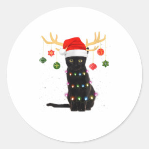 Rrendierzwarte kat Santa Hat Kerstmis L Ronde Sticker
