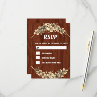 Rstic Wood Backdrop Gold Floral RSVP Kaartje