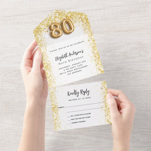 RSVP 80e verjaardag witte gouden feest All In One Uitnodiging (Afscheurbaar)