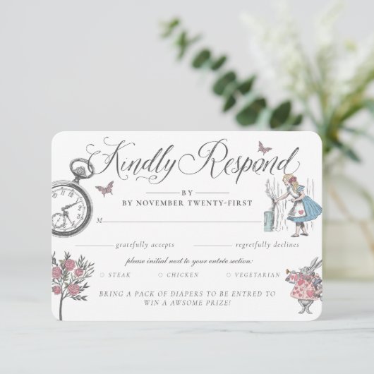 RSVP Alice in Wonderland & Luier Raffle Informatiekaartje (Staand voorkant)