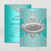 RSVP-antwoord reactie feest Turkoois Wit Diamant RSVP Kaartje (Voorkant / Achterkant)