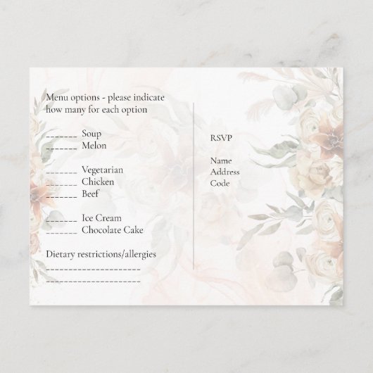RSVP avec menu Modèle Boho Pampas Grass (Dos)