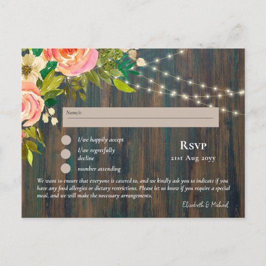 RSVP avec Menu Modèle Fleurs Roses Rustiques Lumiè (Devant)