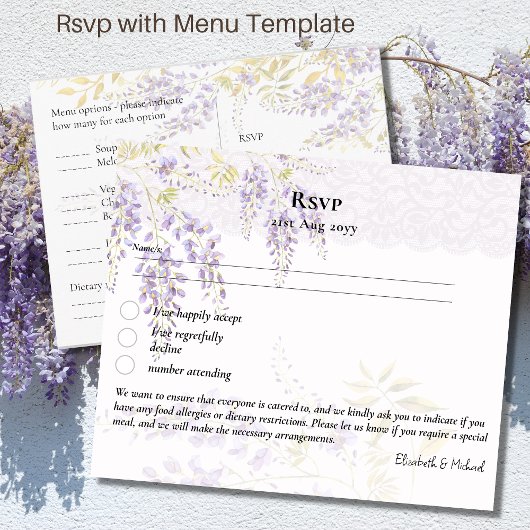 RSVP avec menu Modèle Purple Wisteria Floral