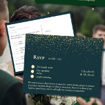 RSVP avec Modèle de menu | Peacock Blue Green Gold<br><div class="desc">Ce rsvp doit accompagner ce faire-part de mariage : https://www.zazzle.com/shiny_black_gold_foil_art_deco_black_tie_wedding_foil_invitation-256196304302450040 Ce modèle RSVP double face dispose d'options de modèle texte DEUX côtés pour vous permettre d'ajouter les détails RSVP requis incluant mariage, baby shower, graduation, retraite, quinceanera, Baptême ou autres options de menu d'événement et restrictions alimentaires ou allergies. Essayez Zazzle's...</div>