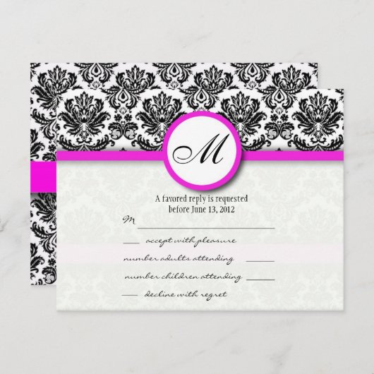 RSVP avec Monogramme noir et rose chaud Damas (Devant / Derrière)