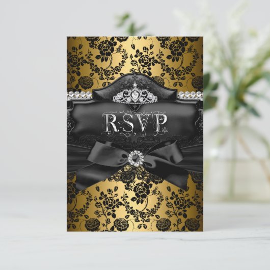 RSVP Beantwoorden Tiara & Bow Gold Sweet 16 (Staand voorkant)