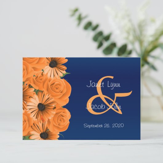 RSVP bleu foncé avec Roses orange (Debout devant)