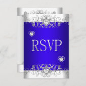 RSVP Bleu Royal Mariage Blanc Cœurs Diamant (Devant / Derrière)