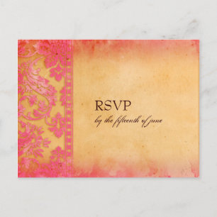 RSVP-Briefkaart met Rockin' Pink Grunge Damask Wed Uitnodiging Briefkaart