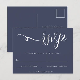 RSVP-Briefkaart van Navy Blue Script Wedding Respo Briefkaart