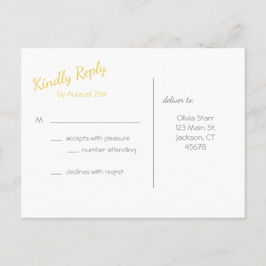 RSVP Briefkaart voor bruiloft in geel en grijs (Achterkant)