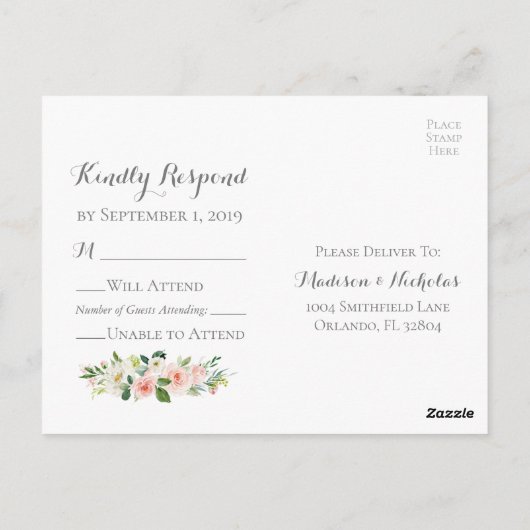 RSVP-Briefkaarten met roze en witte bloem Briefkaart (Achterkant)