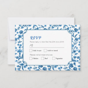 RSVP bruiloft Chintz Blauw & Wit Bloemen Ditsy Kaart