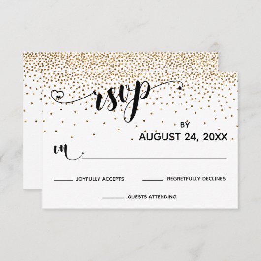 RSVP Calligraphie avec Coeurs, Gold Confetti, (Devant / Derrière)