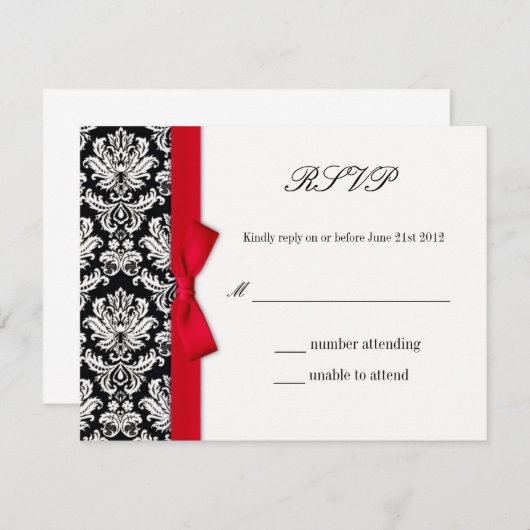 RSVP - Carte de réponse Mariage Damask Red Bow (Devant / Derrière)