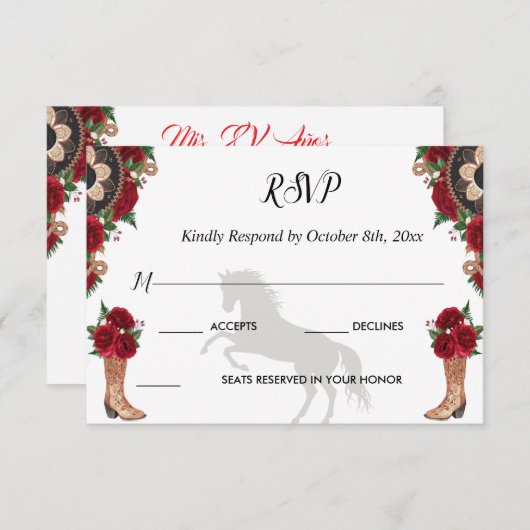RSVP Charra Invitations, Red Roses charra (Devant / Derrière)