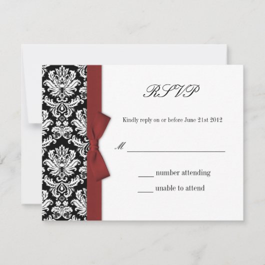 RSVP - Damask Burgundy Bow Wedding Response Kaart (Voorkant)