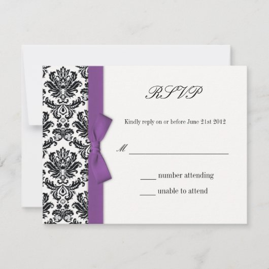 RSVP - Damask Paarse Bow Wedding Response Kaart (Voorkant)