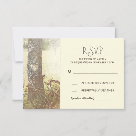 RSVP, een trouwe  boom en een fietsenbruiloft RSVP Kaartje (Voorkant)